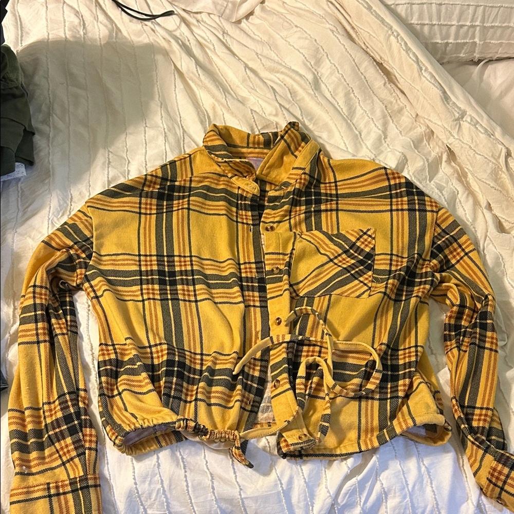 No Boundaries Yellow and Black Plaid Tie-Front Jacket